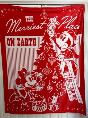 Disney Store Red and White Holiday Throw Blanket featuring Mickey & Minnie